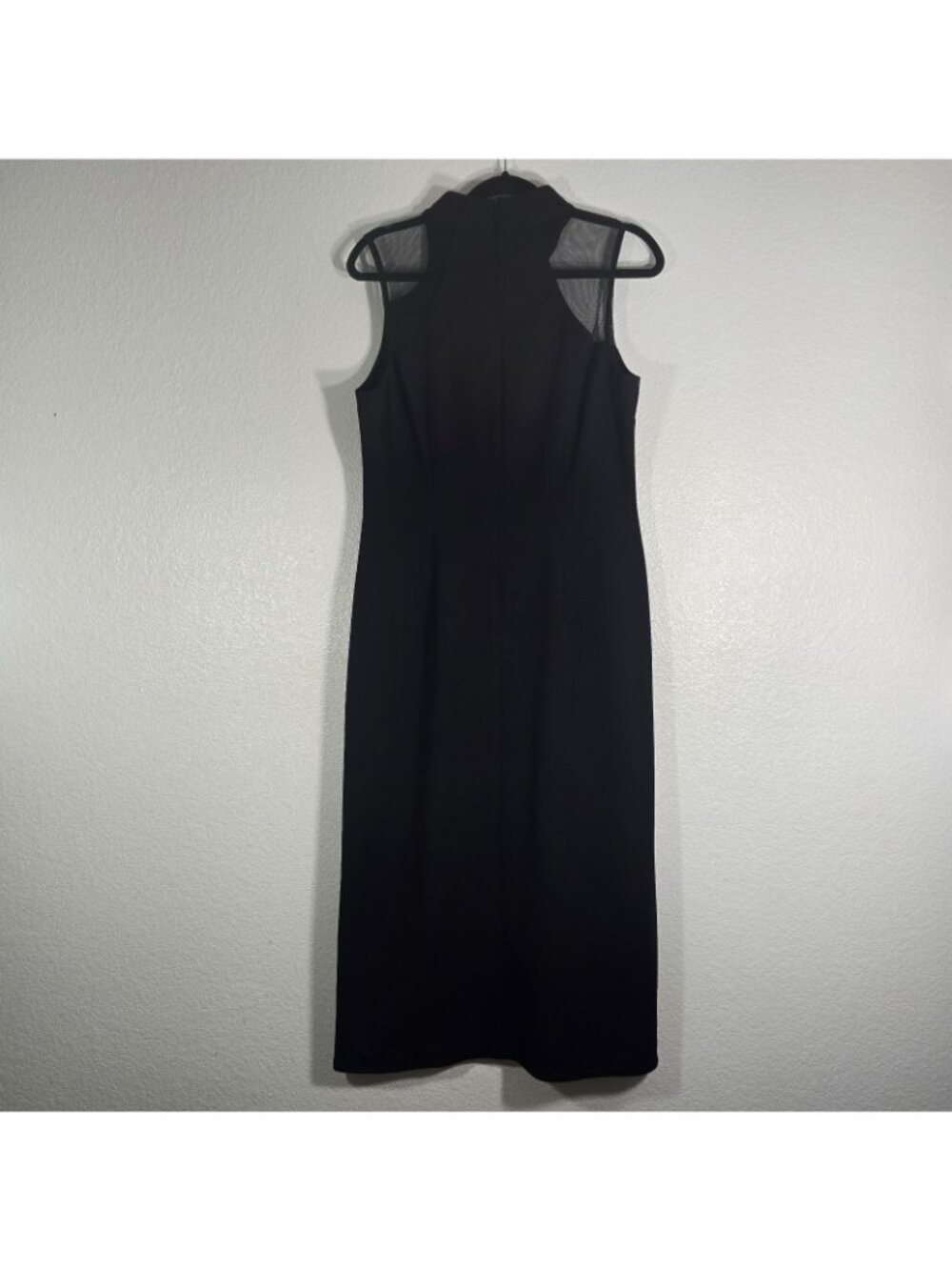 London Style Maxi Dress Women Size 12 Mesh Asymmetrical Neckline Black Slit - Picture 4 of 9